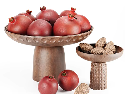 Ripe Fresh Pomegranates in Wooden Tray with Pine Cones and Scattered Fruits 3d model