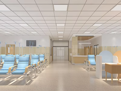 Spacious Hospital Waiting Area Interior With Blue Chairs Reception Desk And Ceiling Lights 3d model