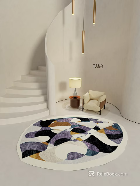 Contemporary Room Featuring Circular Rug With Colorful Geometric Pattern And Armchair Table Lamp 3d model 