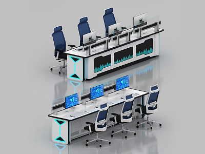 Modern Office Desk With Multiple Workstations Blue Chairs And Computer Monitors 3d model