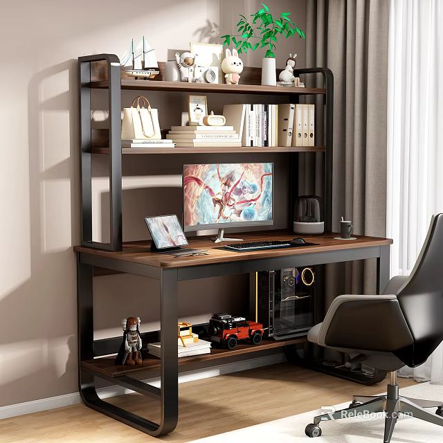 Modern Office Desk With Shelves Books Stuffed Toys Bags Monitor Laptop Keyboard And Chair 3d model 