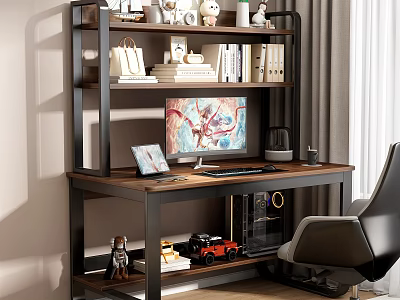Modern Office Desk With Shelves Books Stuffed Toys Bags Monitor Laptop Keyboard And Chair 3d model