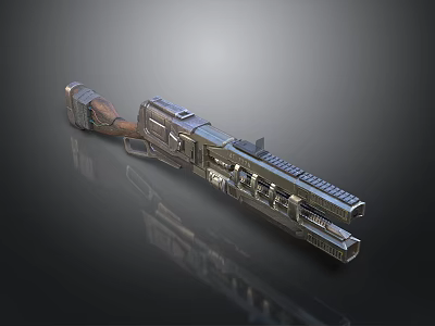 Futuristic Sci Fi Weapon With Metallic Structure And Wooden Grip 3d model