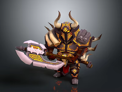 Man Wearing Horned Helmet In Ornate Armor Holding Large Decorative Battle Axe 3d model