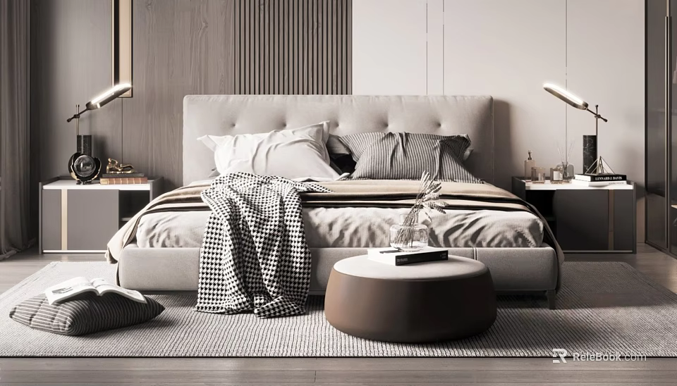 Modern Double Bed with Upholstered Headboard Striped Bedding and Wooden Wall 3d model 