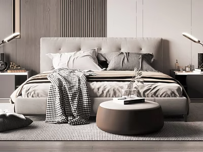 Modern Double Bed with Upholstered Headboard Striped Bedding and Wooden Wall 3d model