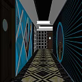 KTV Corridor Design with Blue Lighting Geometric Pattern Floor and Mirror Walls