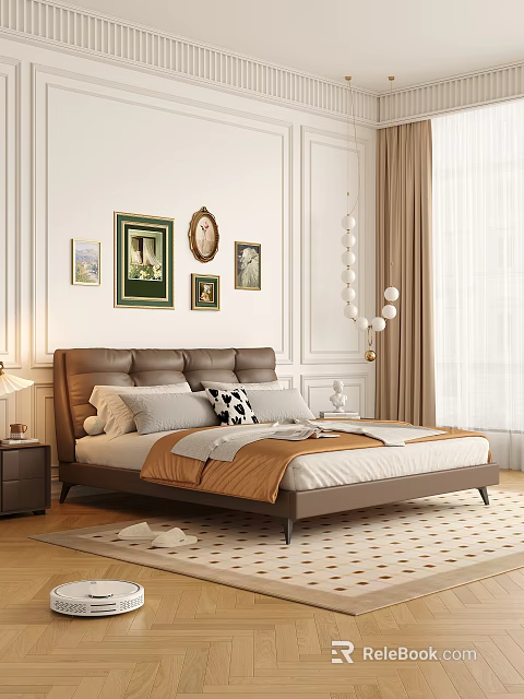 Elegant Bedroom Interior With Leather Headboard Wall Art Beige Curtains And Nightstand Lamp 3d model 