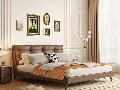 Elegant Bedroom Interior With Leather Headboard Wall Art Beige Curtains And Nightstand Lamp 3d model
