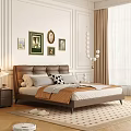 Elegant Bedroom Interior With Leather Headboard Wall Art Beige Curtains And Nightstand Lamp