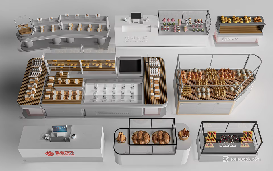 Modern Bakery Bar Counter With Fresh Bread Pastries Display And Cashier Area 3d model 