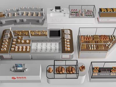 Modern Bakery Bar Counter With Fresh Bread Pastries Display And Cashier Area 3d model