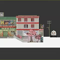 Cartoon City Scene with Red Roof Buildings Pink Cherry Blossom Trees and White Street Car