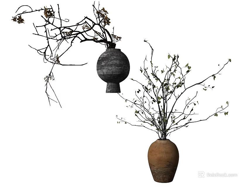 Dark Ceramic And Brown Clay Vases With Branches And Small Flowers For Home Decor 3d model 