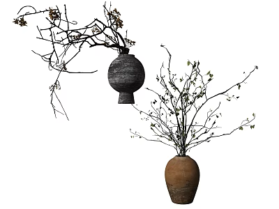 Dark Ceramic And Brown Clay Vases With Branches And Small Flowers For Home Decor 3d model