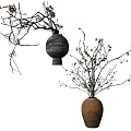 Dark Ceramic And Brown Clay Vases With Branches And Small Flowers For Home Decor
