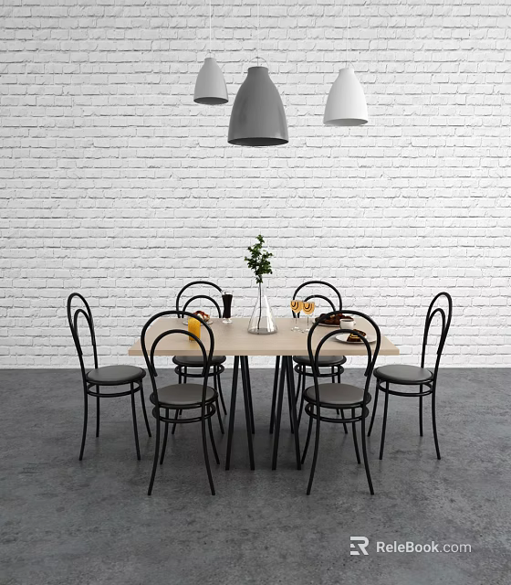 Modern Dining Table Set with Black Chairs Light Wood Vase Green Plant and Pendant Lights 3d model 