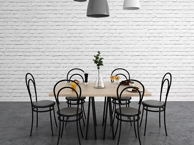 Modern Dining Table Set with Black Chairs Light Wood Vase Green Plant and Pendant Lights 3d model