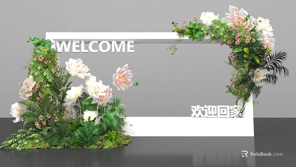 Welcome Themed Photo Check-in Spot With White Frame Flowers And Green Plants 3d model 