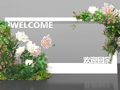Welcome Themed Photo Check-in Spot With White Frame Flowers And Green Plants 3d model
