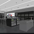 Modern Digital Store Interior With Glass Front Display Shelves Electronic Products And Large Screen