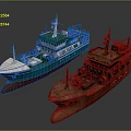 Modern Green and White Water Transport Ship And Old Rusted Vintage Boat Model