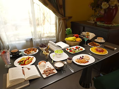 Sunlit Breakfast Spread On Table With Fresh Fruits Pastries Salad And Open Book 3d model