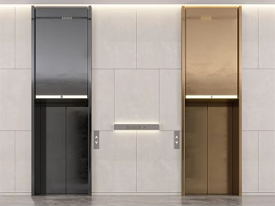 Modern Elevator Hallway with Black and Gold Elevator Doors and Light Tiled Walls 3d model
