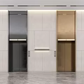 Modern Elevator Hallway with Black and Gold Elevator Doors and Light Tiled Walls