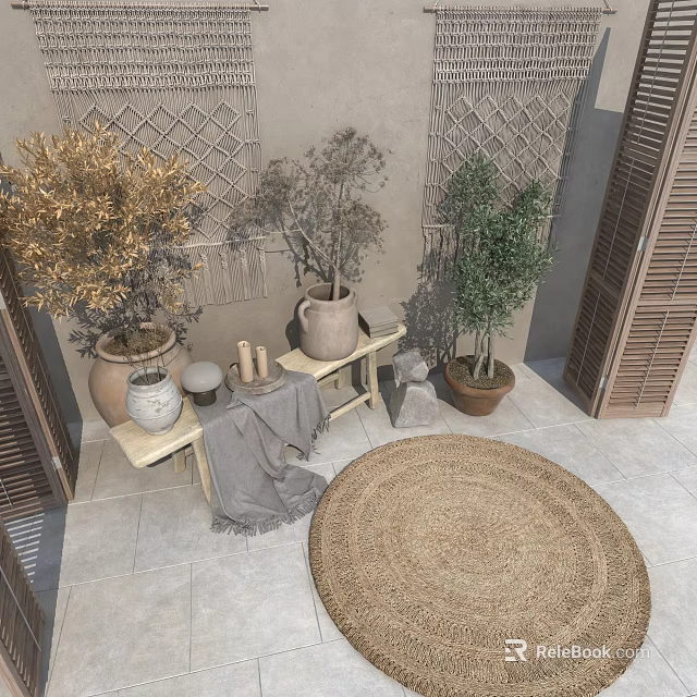 Bonsai Potted Plants With Geometric Patterned Walls Wooden Shutters And Round Woven Rug 3d model 