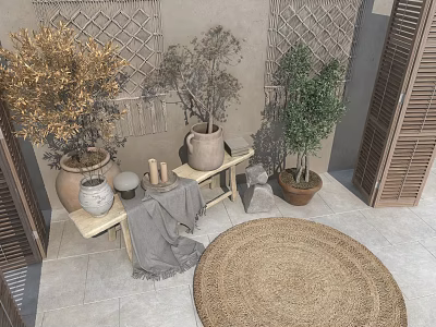 Bonsai Potted Plants With Geometric Patterned Walls Wooden Shutters And Round Woven Rug 3d model
