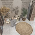 Bonsai Potted Plants With Geometric Patterned Walls Wooden Shutters And Round Woven Rug