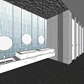 Modern Public Restroom With Mirrored Walls Long Marble Counter Light Strips And Gray Floor Tiles