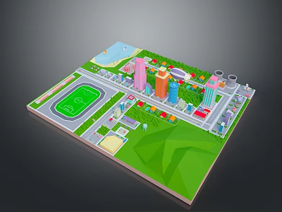Vibrant City Landscape With Colorful Buildings Green Fields Football Pitch And Water Area 3d model