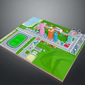 Vibrant City Landscape With Colorful Buildings Green Fields Football Pitch And Water Area