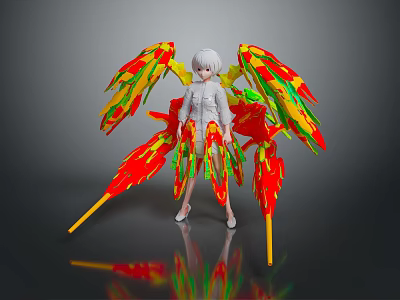 Game and Movie Character With Silver Gray Hair White Top Red Yellow Green Colorful Structures 3d model