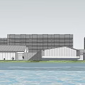 Modern Sales Office Building With Unique Roof Design Water Features And Lush Tree Landscaping