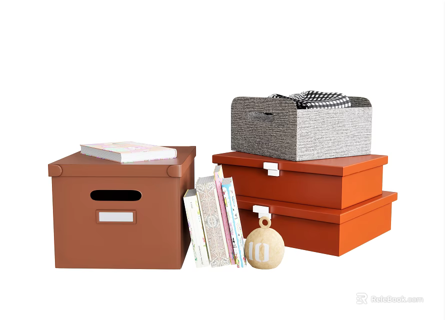 Practical Storage Boxes for Home Organization with Brown Orange Gray Lids and Books Decorative Ball 3d model 