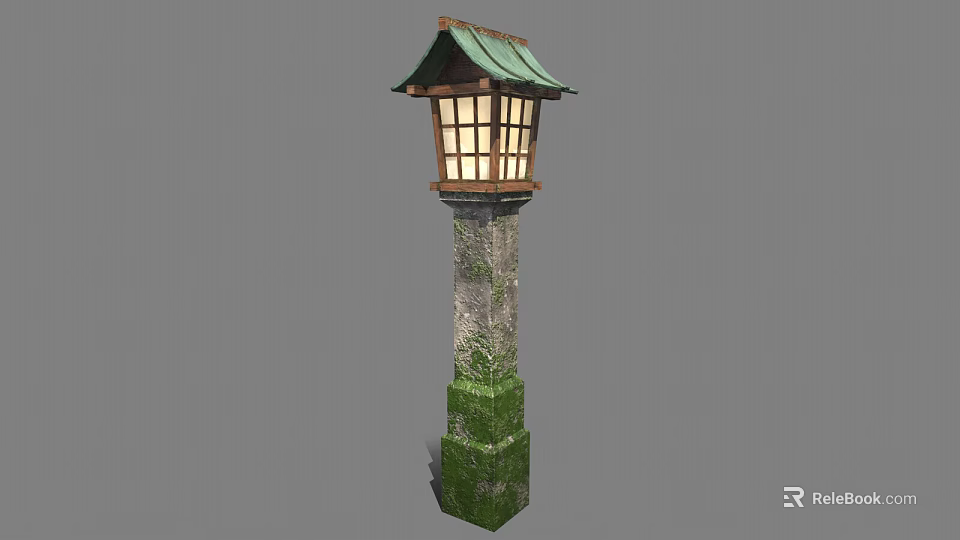 Japanese Style Garden Lantern With Green Roof Wooden Frame Glass Windows On Mossy Stone Pillar 3d model 