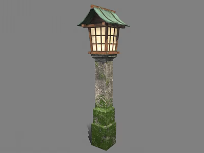 Japanese Style Garden Lantern With Green Roof Wooden Frame Glass Windows On Mossy Stone Pillar 3d model