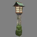 Japanese Style Garden Lantern With Green Roof Wooden Frame Glass Windows On Mossy Stone Pillar