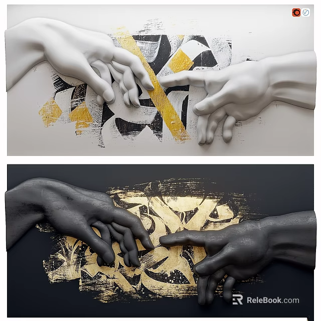 Modern Wall Decor With Hands Sculpture And Gold Geometric Patterns Design 3d model 