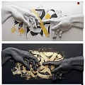 Modern Wall Decor With Hands Sculpture And Gold Geometric Patterns Design 3d model