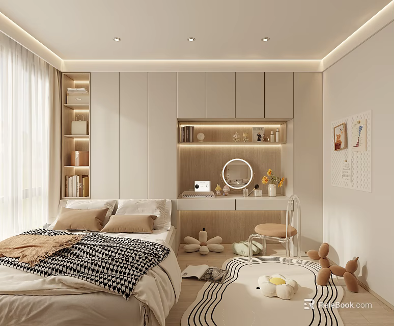 Tatami Bedroom Interior Design With Storage Cabinets Dressing Table And Soft Lighting 3d model 
