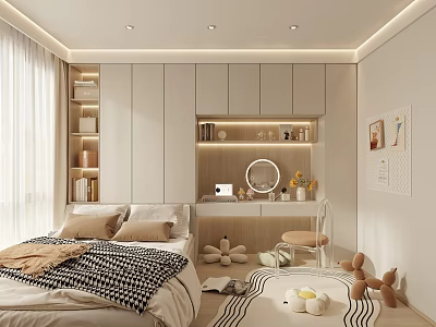 Tatami Bedroom Interior Design With Storage Cabinets Dressing Table And Soft Lighting 3d model