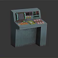 Vintage Blue Industrial Control Console Featuring Green Display Screen And Various Control Buttons And Knobs