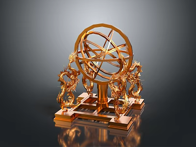 Golden Armillary Sphere With Intricate Metal Structure And Dragon Decorations On Reflective Base 3d model