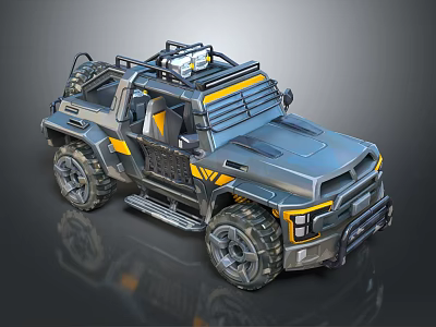 Futuristic Gray And Yellow Off Road Vehicle With Roof Equipment And Large Tires 3d model