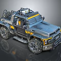Futuristic Gray And Yellow Off Road Vehicle With Roof Equipment And Large Tires