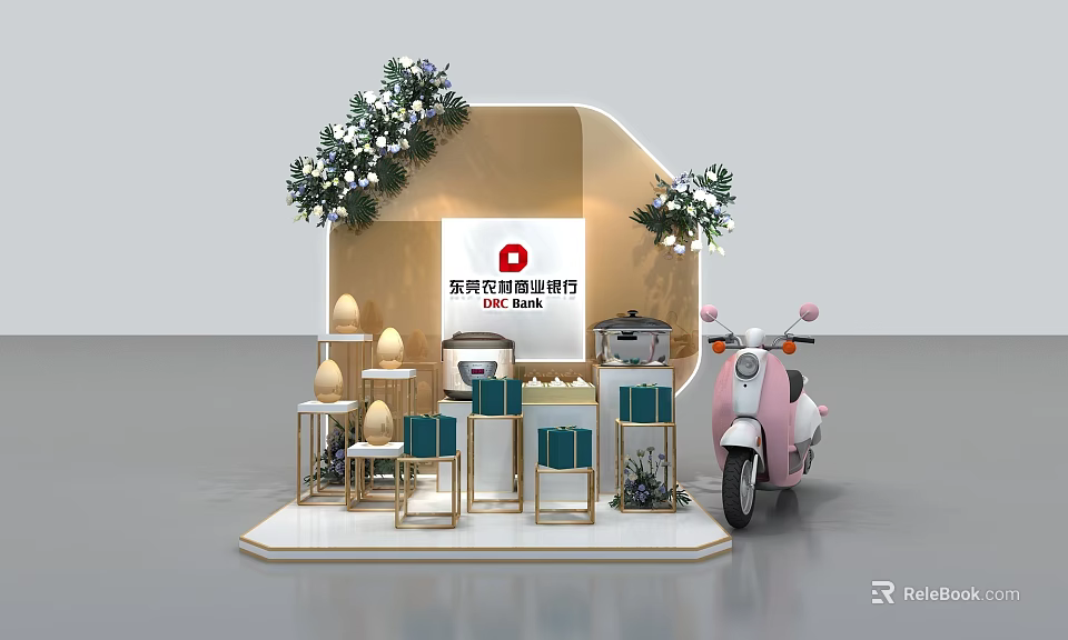Modern Display Booth with Gift Boxes Pink Scooter and Greenery Decorations 3d model 